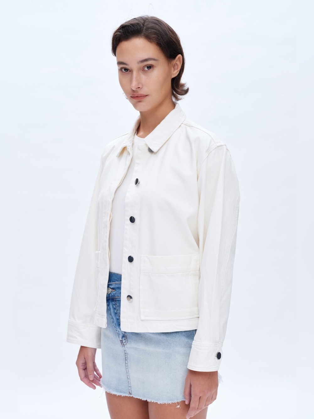 Bayeas White Denim Jacket 100% Cotton Button Front Size S NWT - Picture 2 of 6